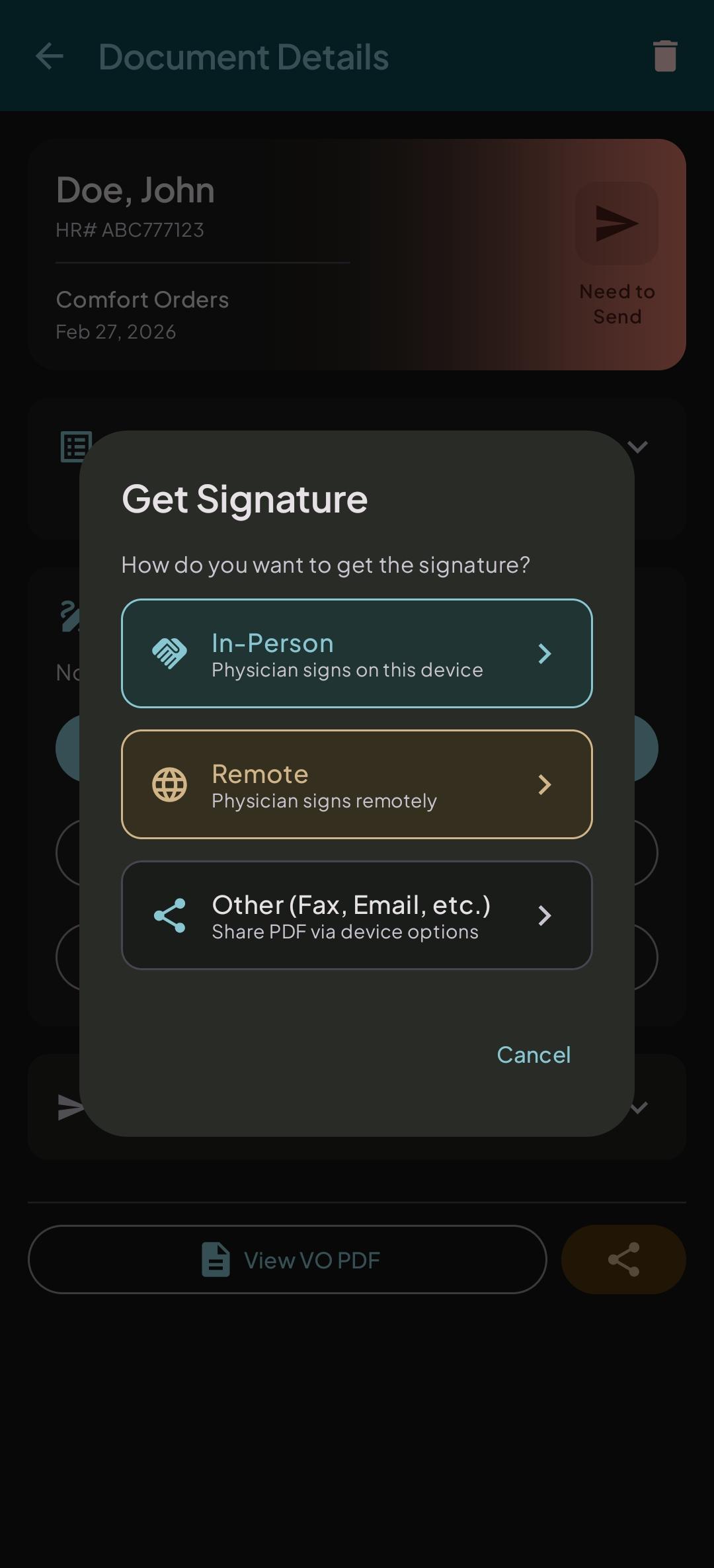 Get Signature dialog with In-Person, Remote, and Other options