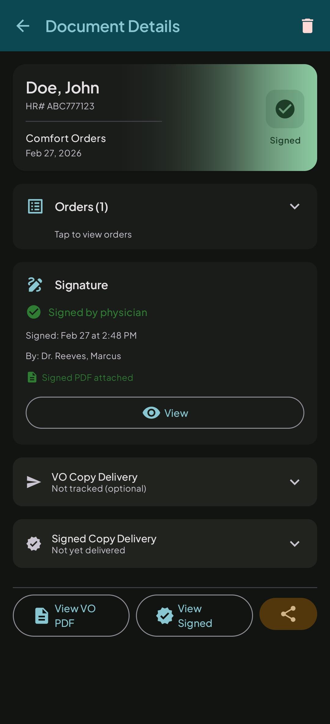 Document Details showing signed order with physician signature confirmed