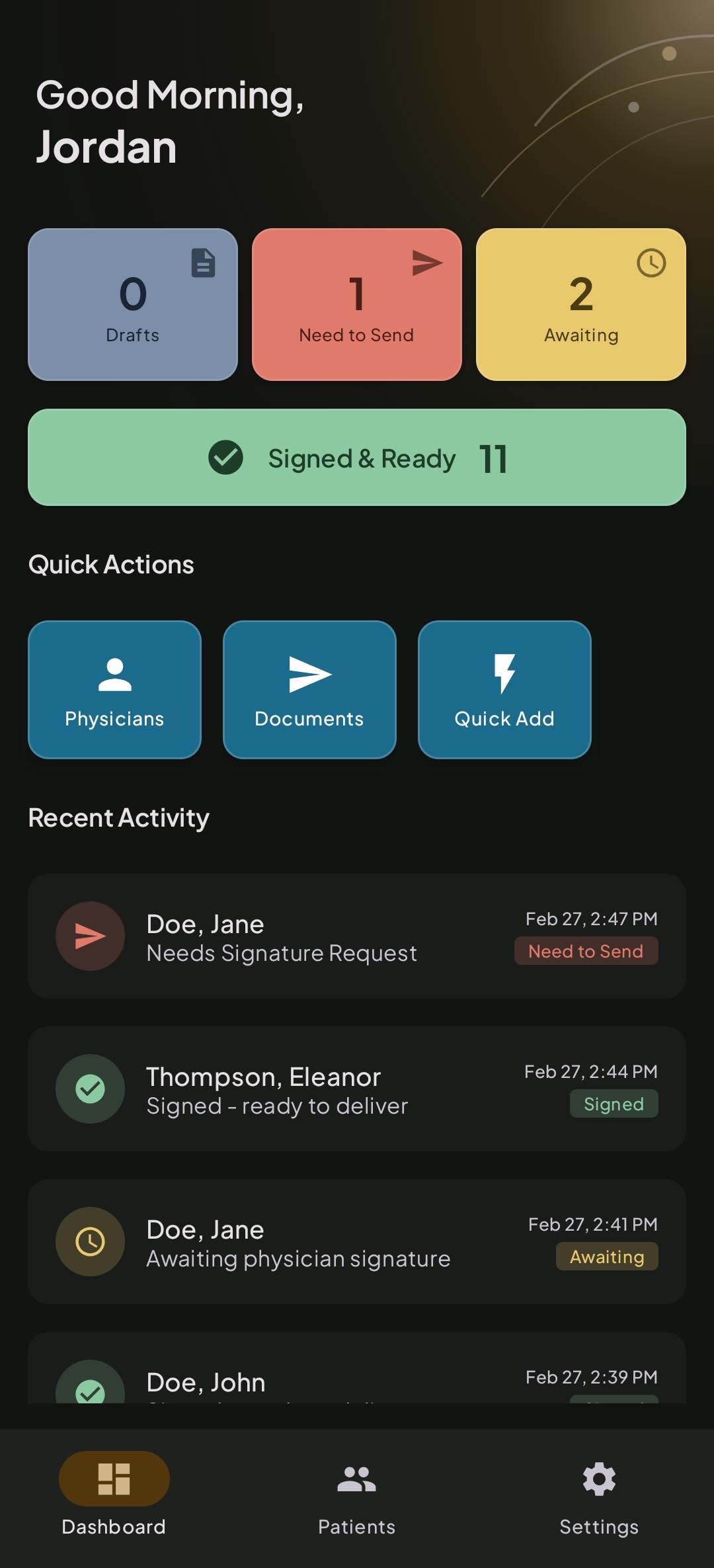 Physician Orders dashboard showing status cards and recent activity