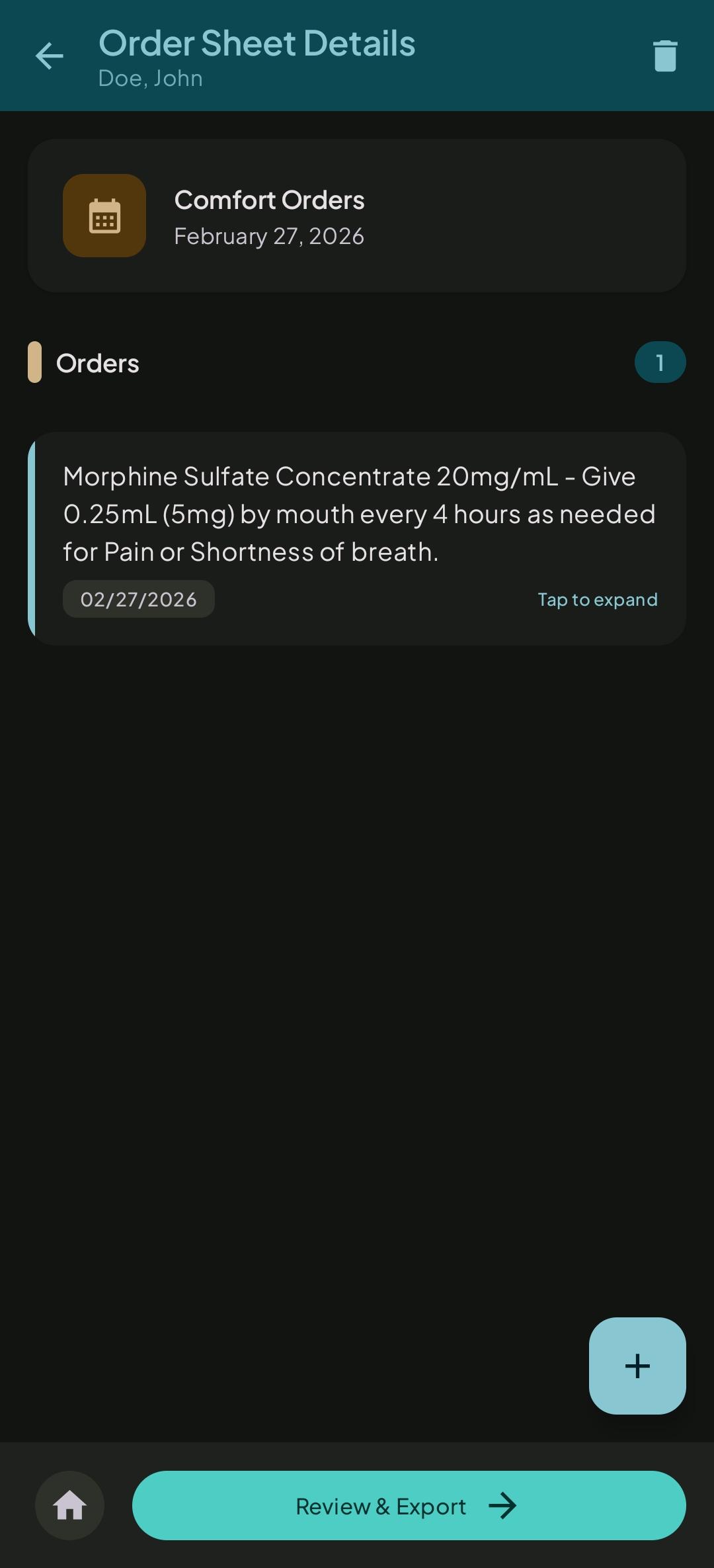 Order Sheet Details showing Morphine Sulfate medication order