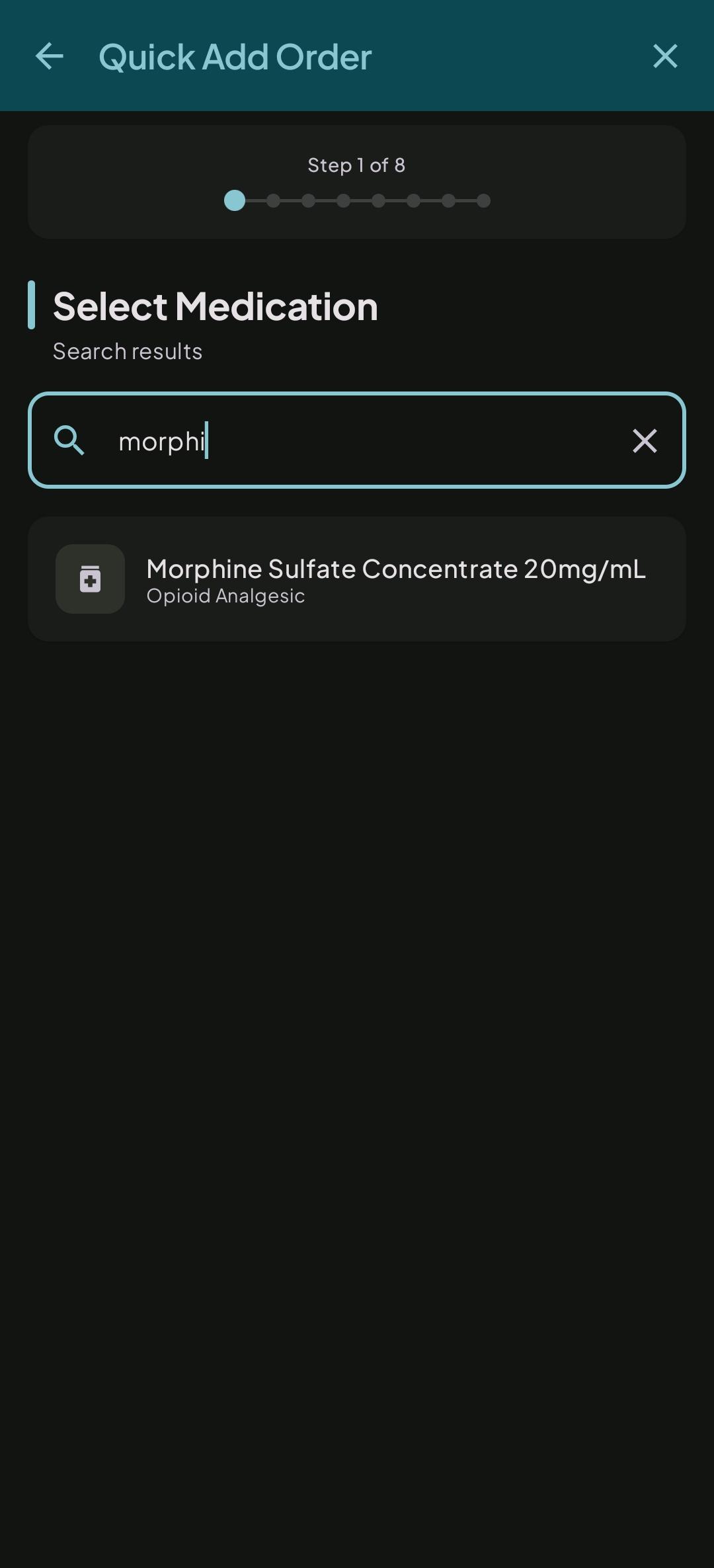 Quick Add medication search showing Morphine Sulfate result