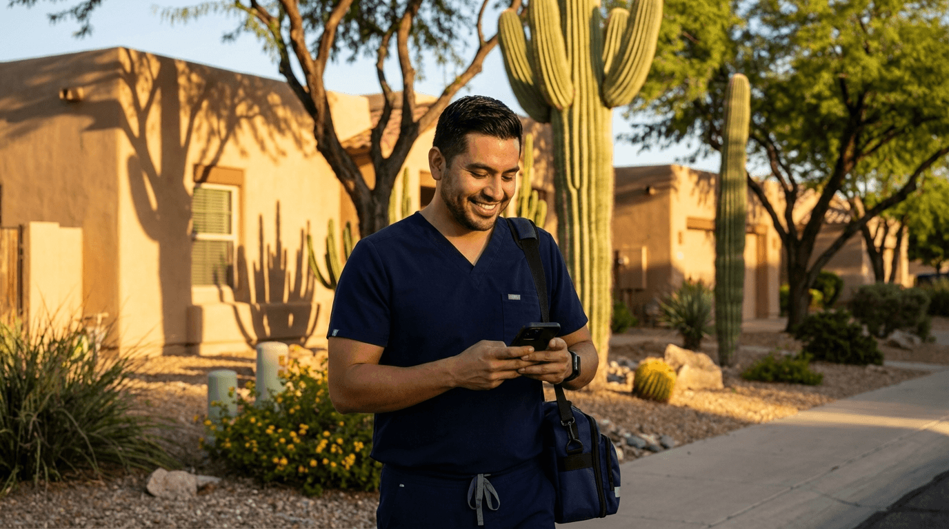 Home health nurse checking his phone in an Arizona neighborhood at golden hour