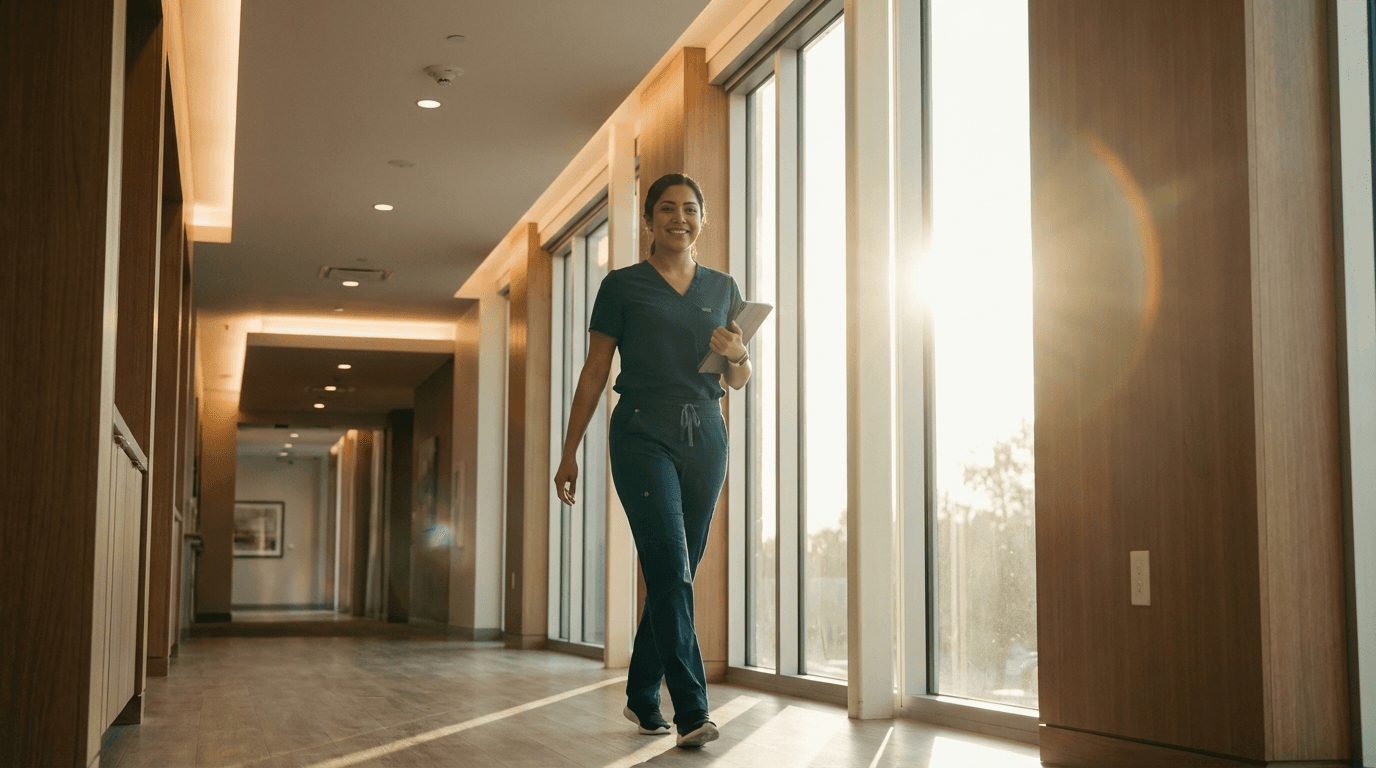 Nurse walking confidently through a modern healthcare facility at golden hour