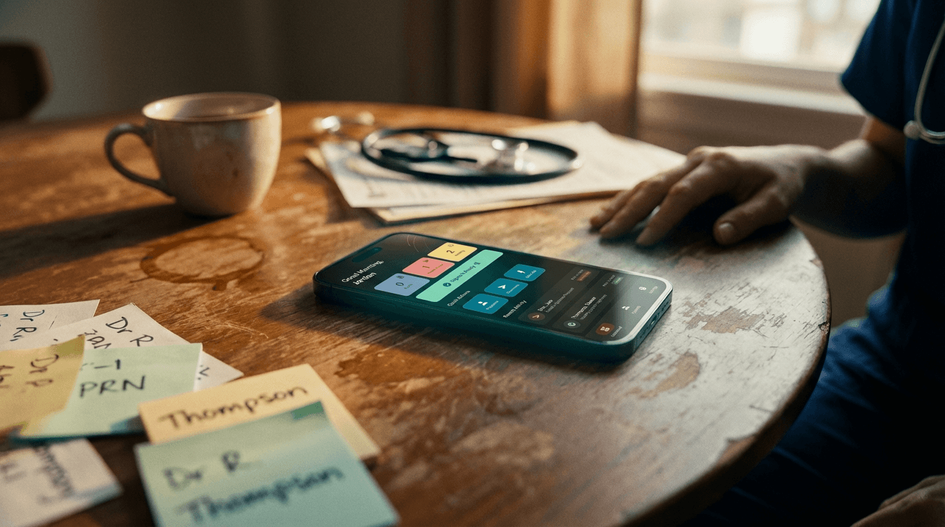 Nurse's workspace with phone showing Sanolume app dashboard, stethoscope, coffee, and patient notes