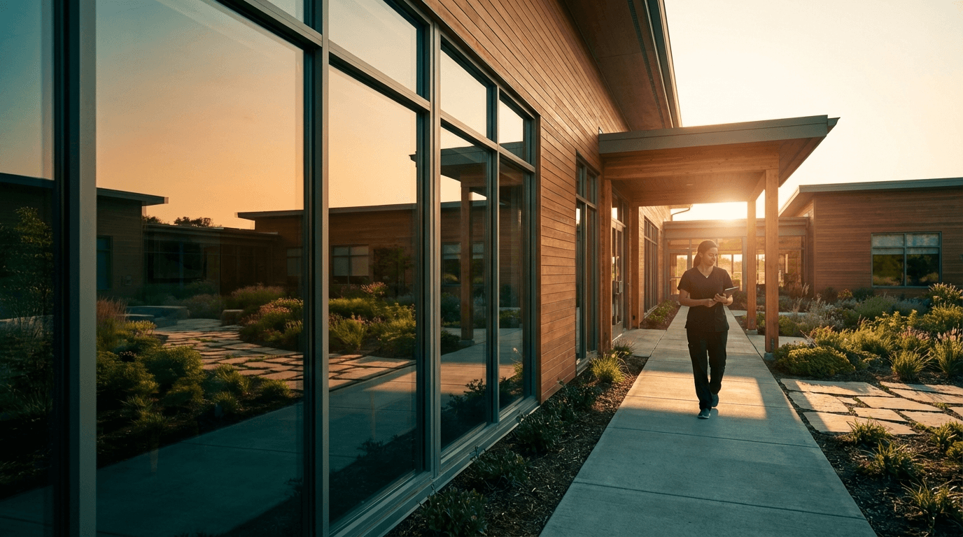 Modern healthcare facility at golden hour